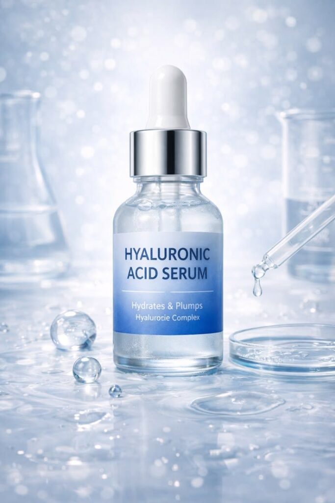 Hyaluronic acid serum for deep hydration, plump skin, and moisture retention on clean background