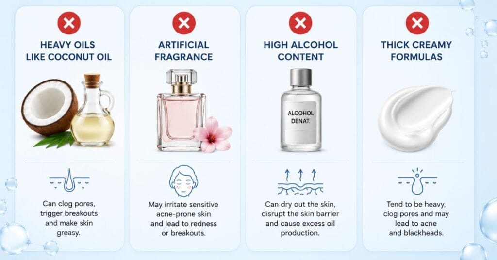 Infographic of acne prone skin sunblock features including oil-free formula, gel texture, SPF 30, and broad-spectrum UV protection.