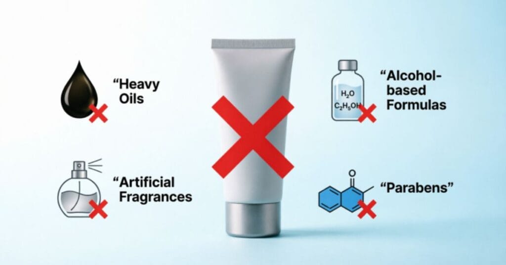 Skincare infographic showing ingredients to avoid in tinted moisturizer for acne prone skin, including heavy oils, silicones, alcohol, fragrance, and pore-clogging comedogenic ingredients, with clean dermatology style layout and warning icons, minimal background design