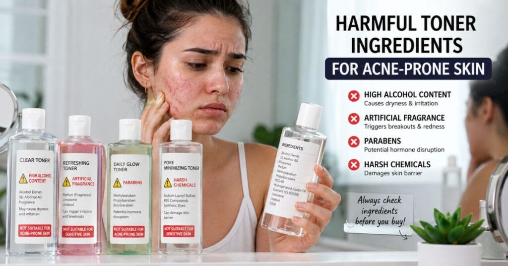 Skincare toner ingredients to avoid for acne-prone skin including alcohol, fragrance, parabens, and harsh chemicals.