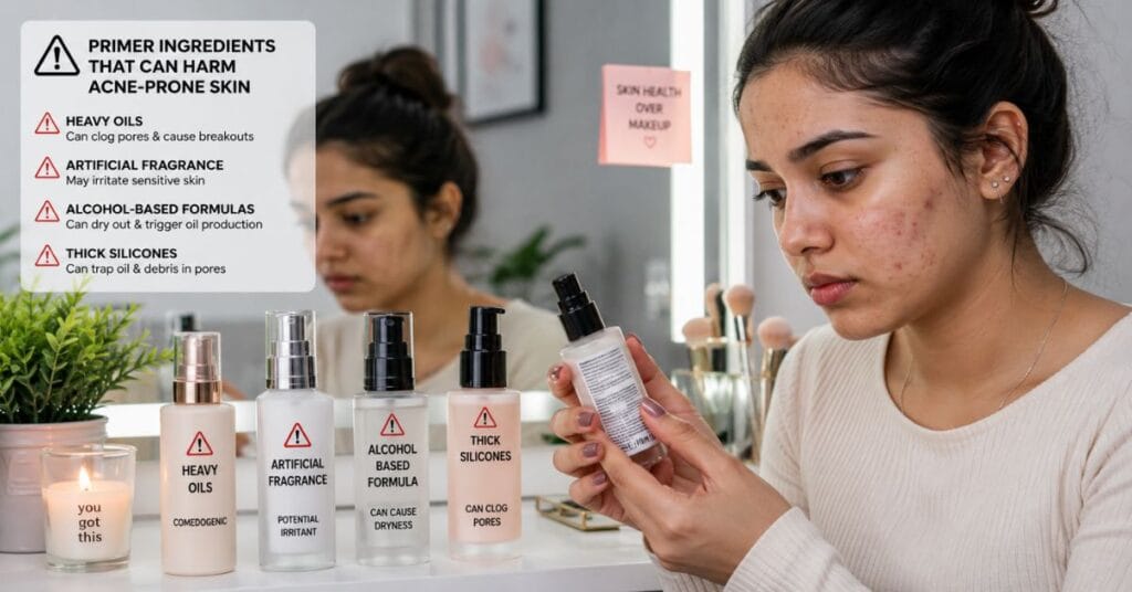Woman with acne-prone skin checking primer ingredients like heavy oils, fragrance, alcohol, and silicones on skincare products.