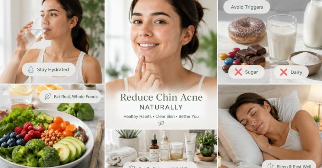 “Healthy lifestyle habits including hydration healthy eating and proper sleep to reduce chin acne naturally”