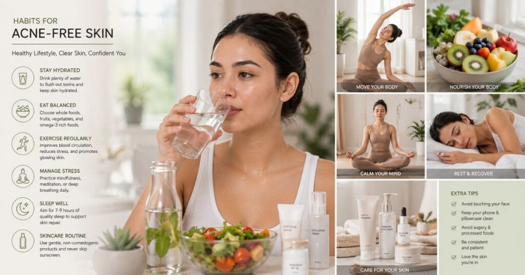 Healthy lifestyle habits for acne-free skin including hydration, balanced diet, sleep, stress reduction, and exercise.