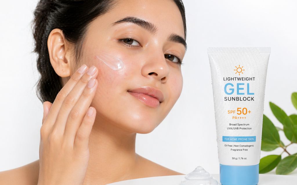 Lightweight gel sunblock applied on acne prone skin with clean and minimal skincare aesthetic