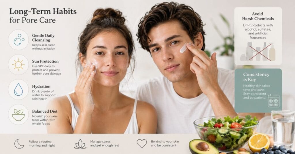 “Dermatology-style visual showing long-term skincare habits for reducing visible pores including daily cleansing, sunscreen use, hydration, healthy diet, and consistent skincare routine.”