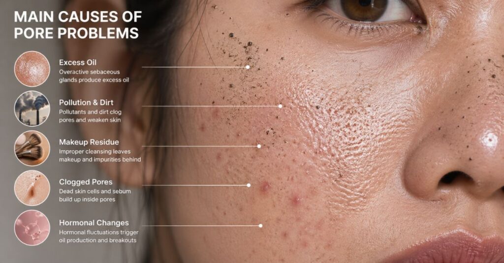 Causes of pore pores including oil, dirt, and pollution on skin