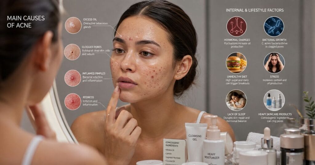 Young adult with acne-prone skin showing acne caused by excess oil, hormones, bacteria, stress, poor diet, and heavy skincare products.