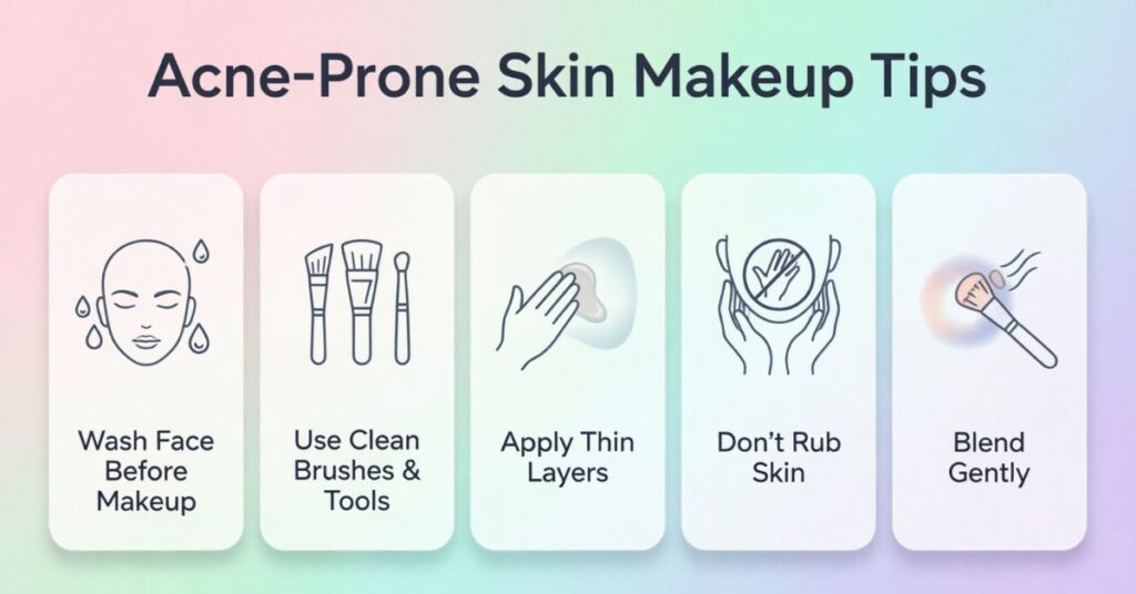 important makeup application tips for acne prone skin like clean brushes thin layers and gentle blending
