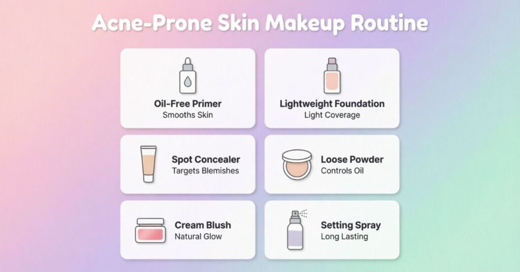 makeup routine for acne prone skin with primer foundation concealer powder blush and setting spray steps