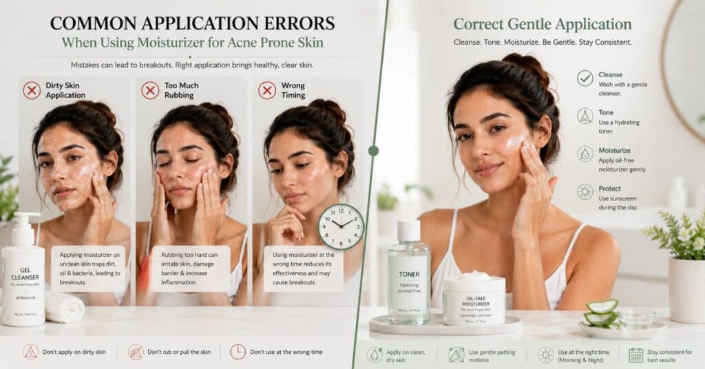 Young woman demonstrating correct and incorrect moisturizer application on acne prone skin, showing common skincare mistakes like dirty skin application, rubbing too hard, and wrong timing on a clean modern bathroom background.