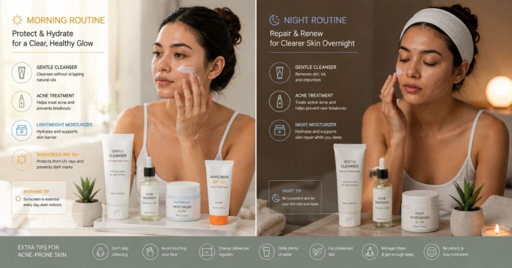 Morning and night skincare routine for acne-prone skin with cleanser, acne treatment, moisturizer, and sunscreen.