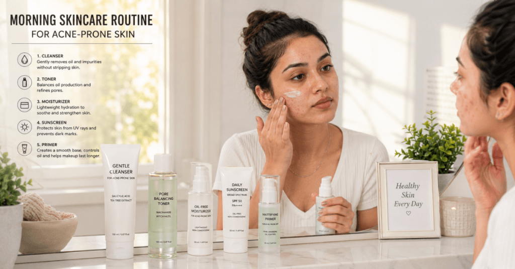 Morning skincare routine for acne-prone skin with cleanser, toner, moisturizer, sunscreen, and primer on bathroom counter.