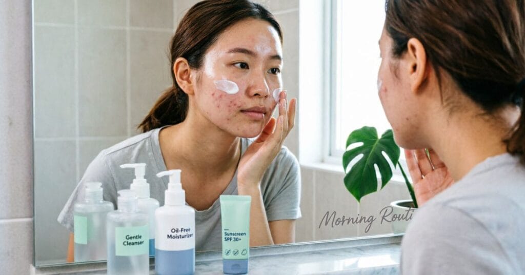 Morning skincare routine for acne-prone skin with gentle cleanser, oil-free moisturizer, and SPF 30 sunscreen on bathroom counter.