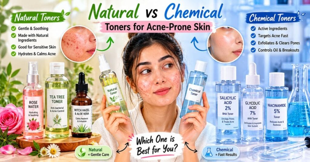 Comparison of natural and chemical toners for acne-prone skin featuring rose water, tea tree, and clinical acne treatment products.