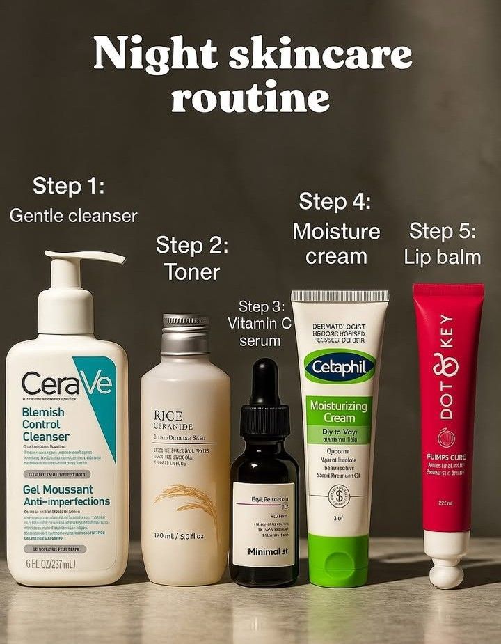 Night skincare routine for acne-prone skin with gentle cleanser, toner, vitamin C serum, moisturizing cream, and lip balm
