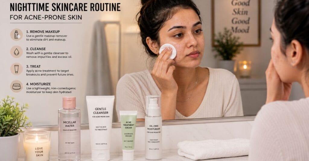 Woman with acne-prone skin following nighttime skincare routine with makeup remover, cleanser, treatment cream, and moisturizer.