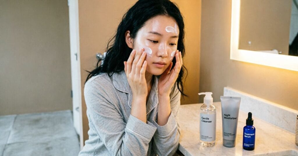Night skincare routine for acne-prone skin including cleanser, benzoyl peroxide acne treatment, and lightweight moisturizer on bathroom counter.