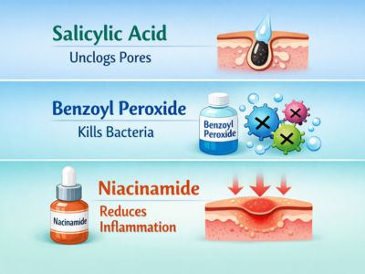 Salicylic acid unclogs pores, benzoyl peroxide kills acne bacteria, and niacinamide reduces skin inflammation infographic