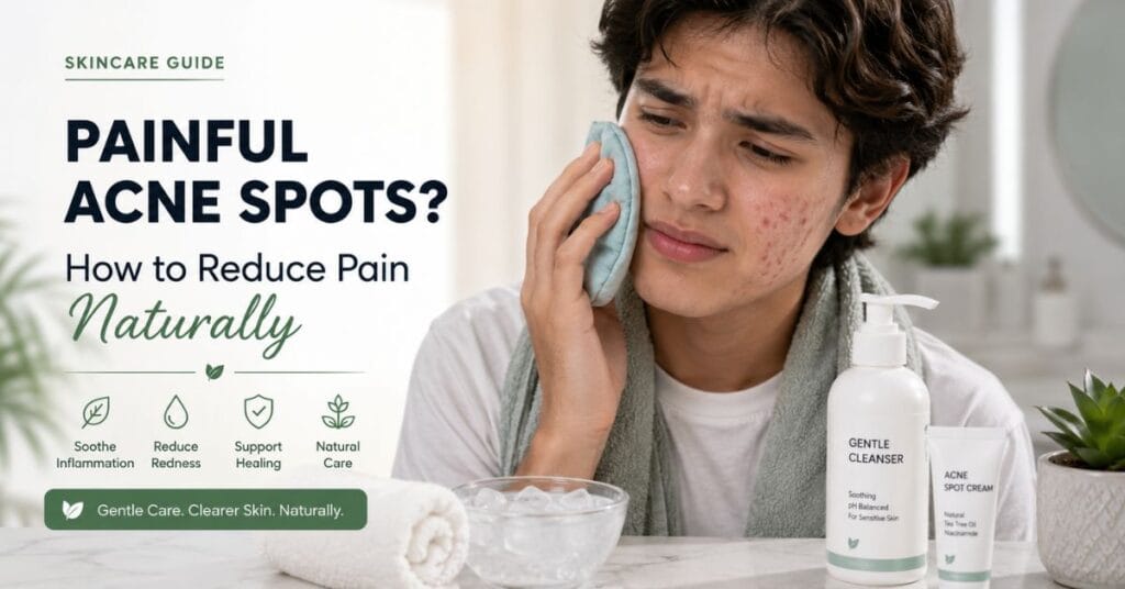 Person using a cold compress to reduce painful acne spot swelling and skin irritation.