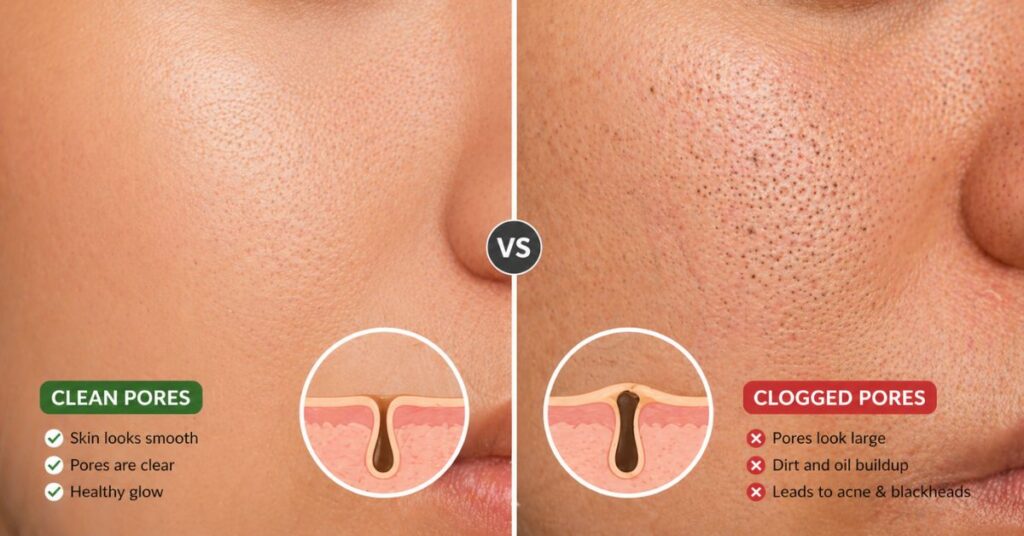 Close-up view of pore pores showing clean and clogged pores