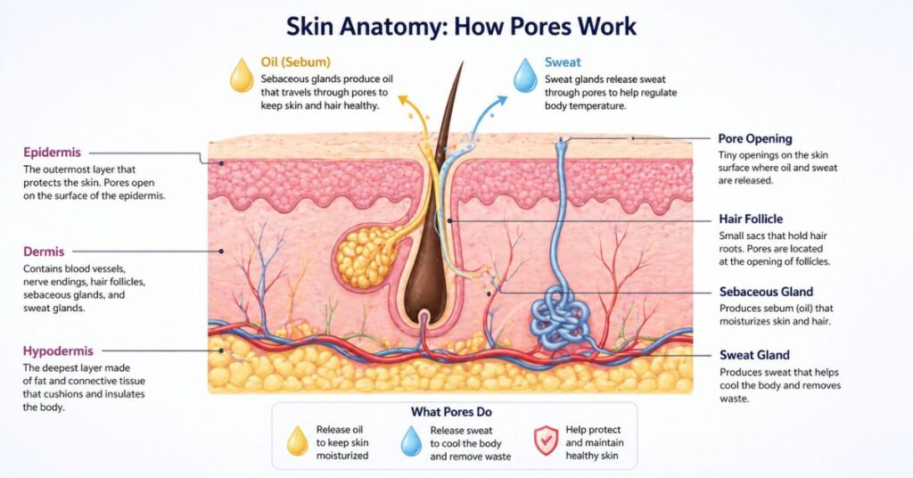 Skin diagram explaining pore pores and their function