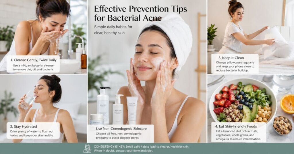 Healthy skincare habits for preventing bacterial acne including face washing, hydration, clean pillowcases, and non-comedogenic products.