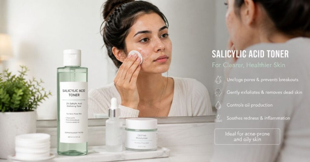 Woman applying salicylic acid toner for acne-prone skin with professional skincare products on vanity table.