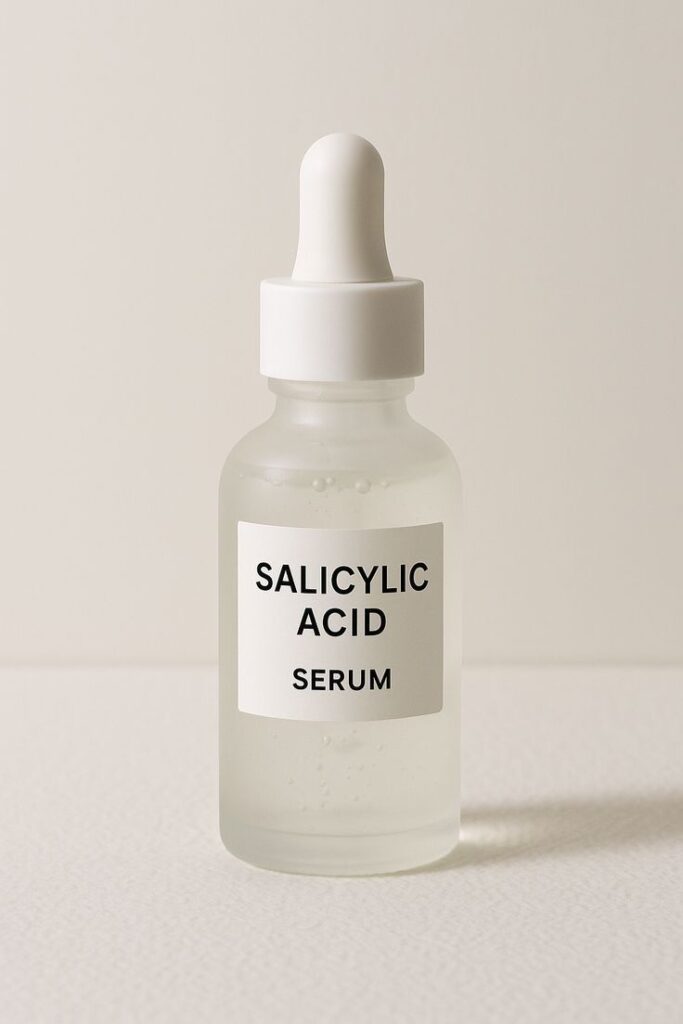 Salicylic acid serum bottle for acne-prone skin treatment on minimal background