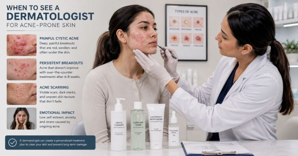 Patient with severe acne consulting a dermatologist for painful breakouts, scarring, and persistent acne treatment.