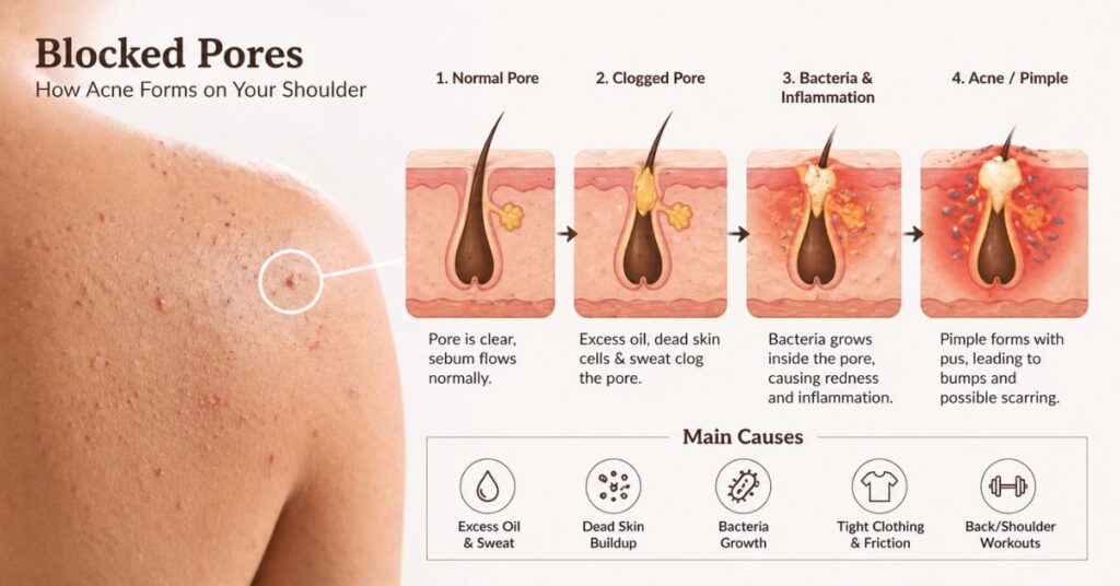 shoulder acne causes showing blocked pores and bacteria buildup