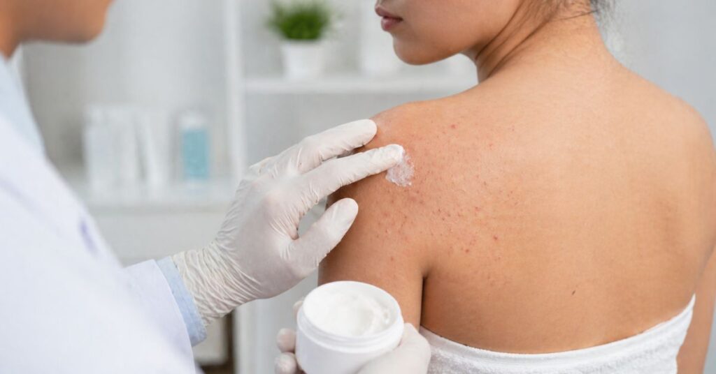 dermatologist treating shoulder acne with topical cream