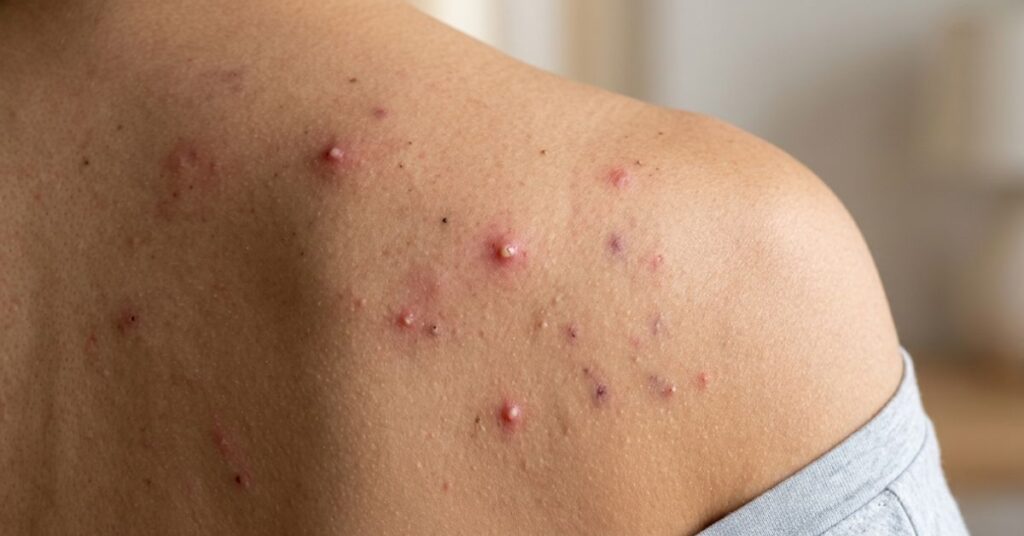shoulder acne on skin with red pimples and clogged pores