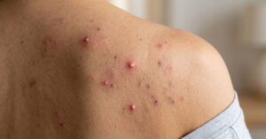 shoulder acne on skin with red pimples and clogged pores