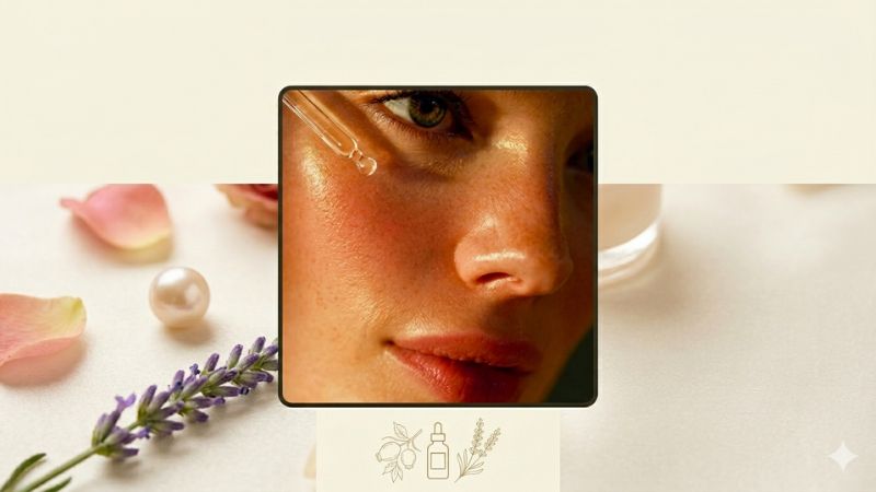 "Organic skincare serum application, glowy skin treatment, lavender aur natural ingredients ke sath facial care product showcase