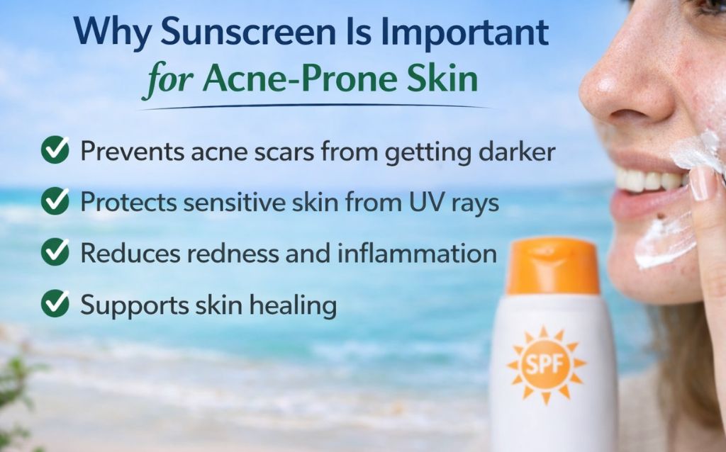 Importance of sunscreen for acne prone skin infographic by Glowvixa