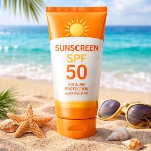 "Sunscreen lotion protecting skin from harmful UV rays with SPF protection"