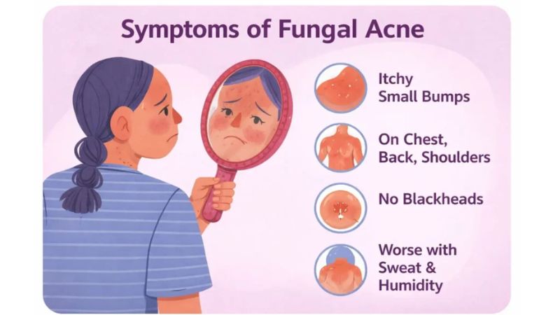 "Signs of fungal acne with small uniform bumps, itchy skin, and inflamed breakouts"