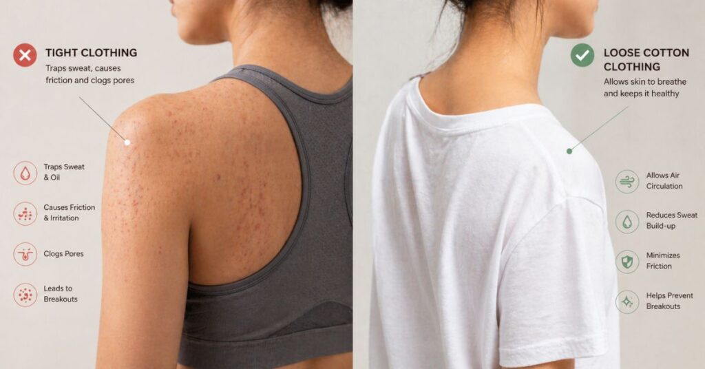 tight clothes increasing shoulder acne compared to loose cotton clothes