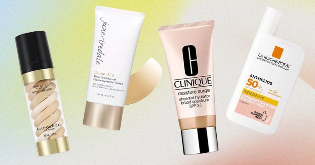 tinted moisturizer products for acne prone skin flat lay
