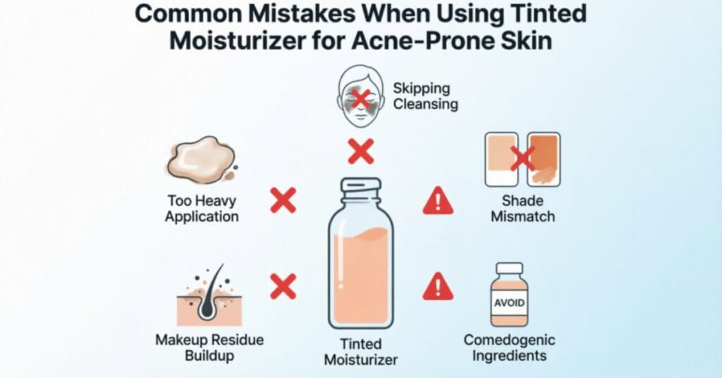Infographic showing common mistakes using tinted moisturizer for acne prone skin such as using too much product, skipping cleansing, wrong shade selection, ignoring ingredients, and not removing makeup properly in a clean skincare design