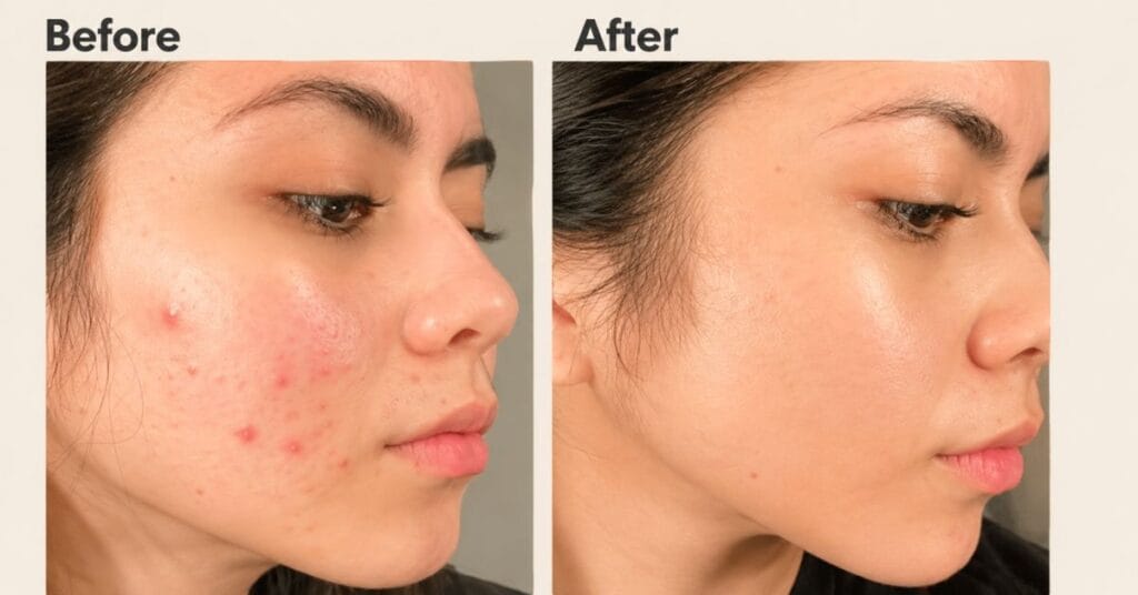 Before and after toner use showing oily acne-prone skin with clogged pores, redness and breakouts transforming into clear, smooth, oil-controlled, and healthy-looking skin.