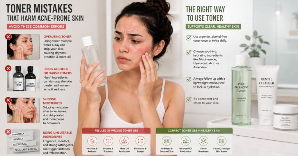 Common toner mistakes for acne-prone skin including overuse, harsh formulas, skipping moisturizer, and wrong ingredient choices.