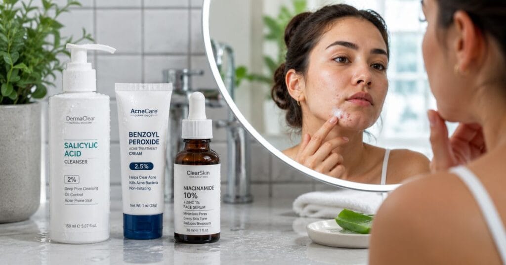 “Over-the-counter skincare products for treating chin acne with salicylic acid benzoyl peroxide and niacinamide”