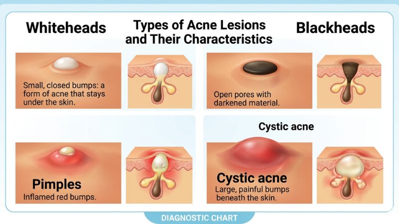 “Different types of acne including blackheads, whiteheads, and pimples on the skin”