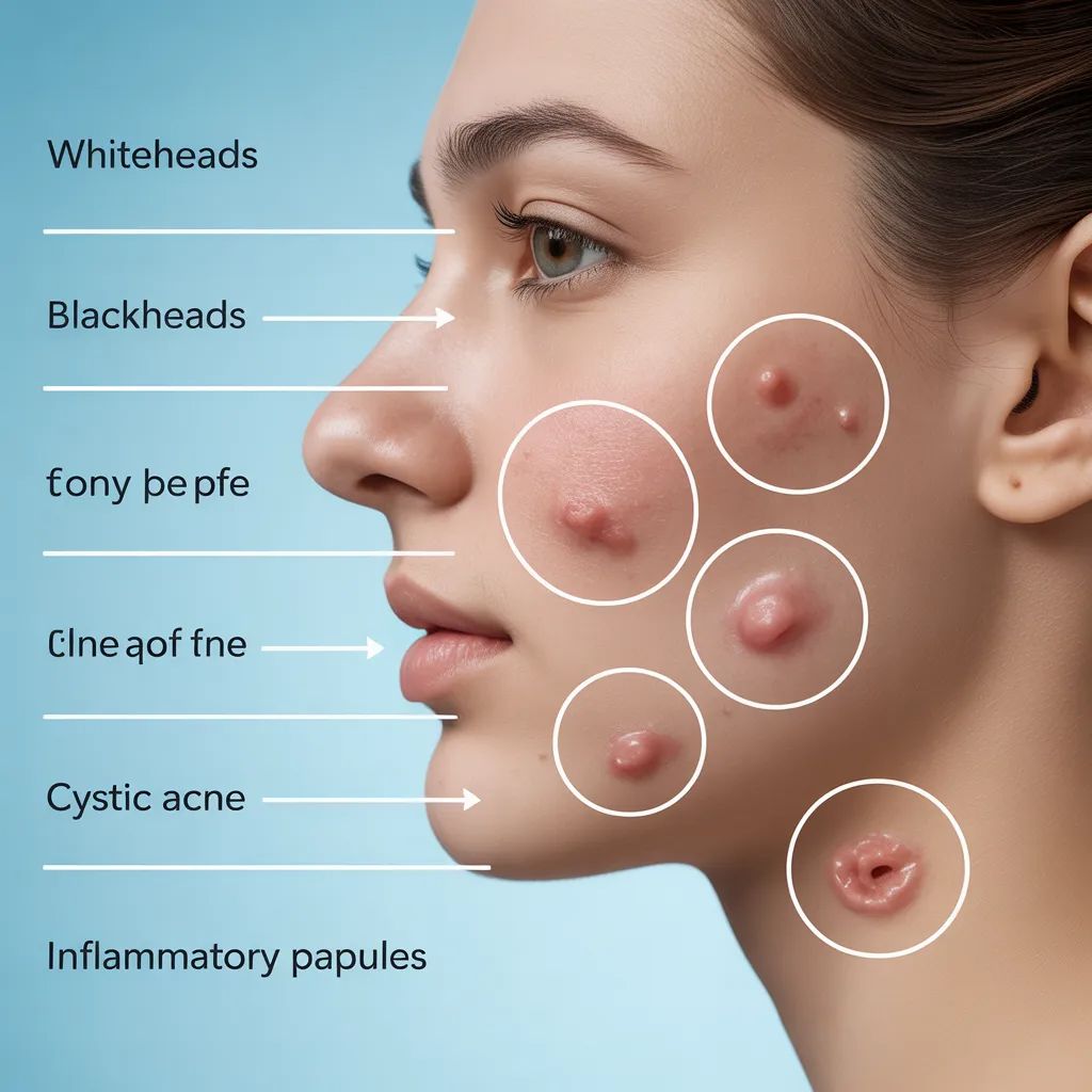 Diagram showing different types of acne on face including cystic acne and whiteheads
