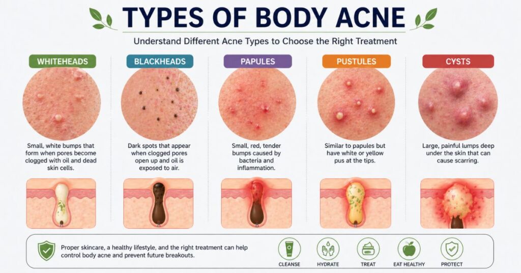 types of body acne whiteheads blackheads papules pustules cysts