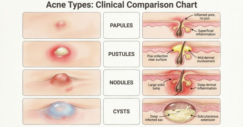 Different types of acne spots showing papules, pustules, nodules, and cysts
