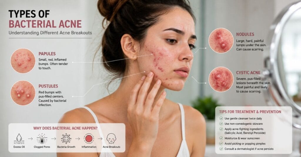 Different types of bacterial acne including papules, pustules, nodules, and cystic acne shown on acne-prone facial skin.