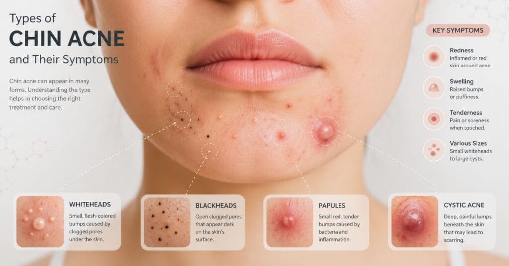 “Different types of chin acne including whiteheads blackheads papules and cystic acne with common symptoms”