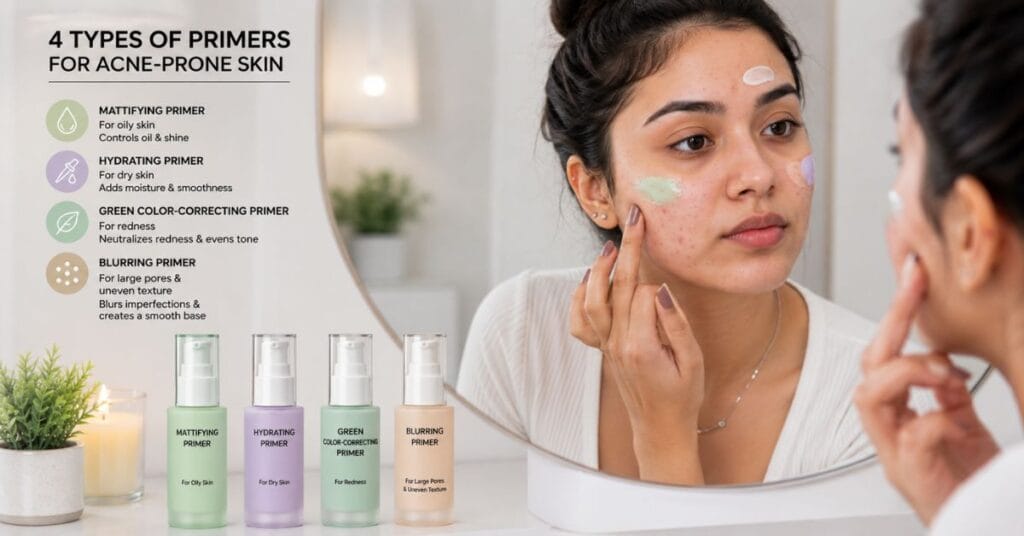 Different primer types for acne-prone skin including mattifying, hydrating, color-correcting, and blurring primers on vanity table.